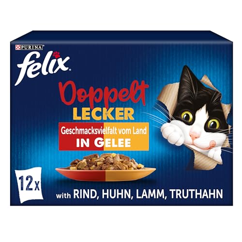 PURINA FELIX Doppelt Lecker Geschmacksvielfalt vom Land in Gelee Katzennassfutter 12x85g Portionsbeutel