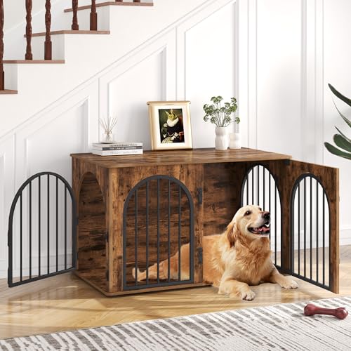 Hzuaneri Hundekäfig Möbel, 100cm Hundebox für Zuhause, 3 Türen, Bogentür, Moderne Hundebox Indoor für Hunde, Beistelltisch, Hundekäfig Hochbelastbar, 60 x 100 x 63 cm, Vintagebraun DFC84101B