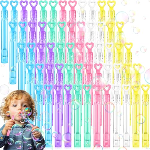 KDISHKRA 60 PCS Mini Blasenstäbe Set, Seifenblasen Stäbe vorgefüllt – Herzgriff, 6 Farben, auslaufsicher & ungiftig, Seifenblasen für Kinder, Hochzeit, Party, Geburtstags Mitgebsel, Sommer Spielzeug