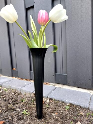 meytrade Blumenvase für Friedhof Grabvase modern grau 34cm lang Steckvase mit Erdspieß Grabschmuck wetterfest für Rosen und Tulpen, VaseSteck01