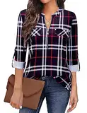 Siddhe Damen Einfarbig V-Ausschnitt Bluse Reißverschluss T-Shirt Oberteile Elegant 3/4 Ärmel Casual Longshirt, Schwarzes Plaid XXXL