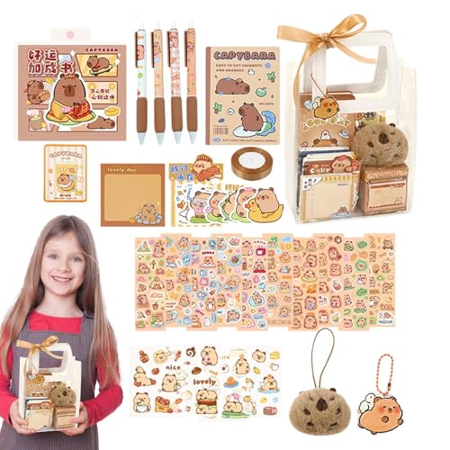 105 Stück Capybara Schreibwaren Set, Niedliches Capybara Federmäppchen, Tiere thematisch Aesthetic Schreibwaren mit Gelstiften, Haftnotizen, Schlüsselanhänger, Aufklebern und mehr, für Jungens Mädchen