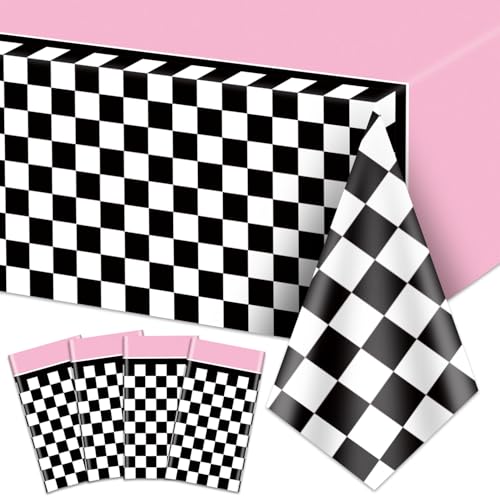 Rennwagen-Tischdecken, Rennwagen-Geburtstagsparty-Dekorationen, Karierte Kunststoff-Tischdecke, Rosa Tischläufer Für Kinder, Jungen, Geburtstag, Rennwagen-Themenparty, 130 X 220 cm, 4 Stück