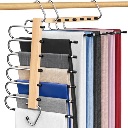 Hosenbügel Platzsparend, 6 In 1 Natürliche Hosenbügel Holz, 2 Stück rutschfeste Magische Hosenbügel, Faltbare Multifunctional Hosenkleiderbügel, Platzsparende KleiderbüGel für Schals Jeans Hosen