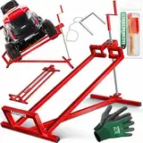 MASKO® XXL Rasentraktorheber 450 kg Hebevorrichtung Hebebühne Aufsitzmäher Reinigungshilfe universal, Rasentraktor-Heber, Rasentraktor +45° Neigung verstellbar inkl. Arbeitshandschuhe & Bürste Rot