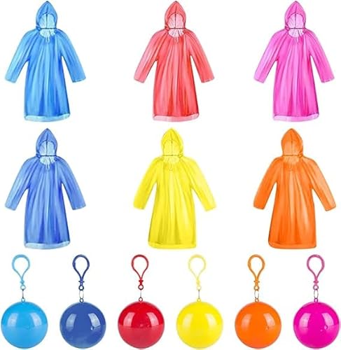 Tyafzzn 6 Stück Regenponcho Einweg, Tragbar Bunt Notfall Regenmantel, Regencape Poncho, Regenponcho Kugel mit Schlüsselanhänger-Haken für Wandern, Reisen, Outdoor-Aktivitäten