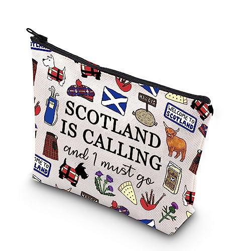 Schottland Make-up-Tasche, Geschenk für Schottland ist Calling and I Must Go mit Reißverschluss, Geschenk für Schottland (Schottland Calling UK), weiß