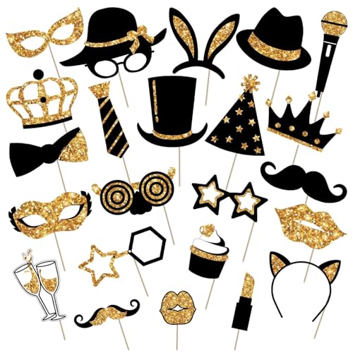 Foto Requisiten - 24 Stück Lustige Gold Party Fotoautomat Requisiten - Foto Booth Props für Geburtstag Hochzeit Disco Karneval Party Zubehör Mischung mit Hut, Lippenstift, Krawatte, Kronen