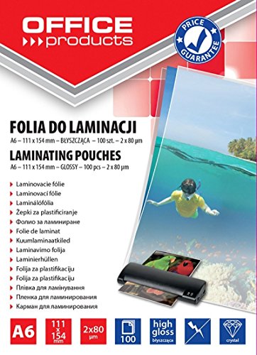 OFFICE PRODUCTS Laminierfolie A6 Glänzend Transparent/ 100 Stück DIN A6 / Folienstärke 80 Mikron - 2 x 80 mic/Heißlaminierfolien/Kompatibel mit Geräten aller Markenhersteller