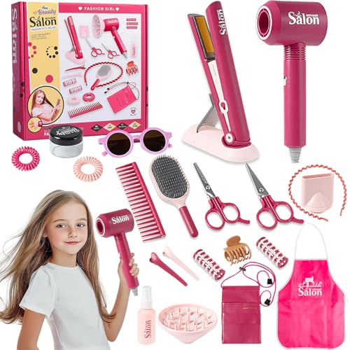 Golgner Friseur Set Kinder 22 Stück, Friseur und Schminktaschen Beauty Set, Frisör Spielzeug Kinder, Friseurspielzeug Kit, mit Fön Haarglätteisen Kamm Schürze Haarzubehör, Geschenk für Mädchen