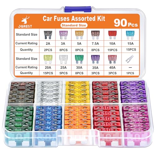 JOREST 90Pcs Kfz Sicherung Set - Standard Flachsicherungen Auto+ 1 Sicherungszieher - Automotive Sicherungen für PKW/Wohnmobil/LKW/Motorrad (2 Ampere 3A 5A 7.5A 10A 15A 20A 25A 30A 35A 40A)
