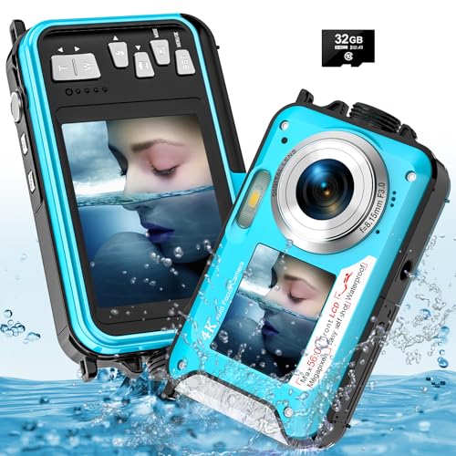 YISENCE Unterwasserkamera, UHD 4K 56MP Autofocus Digitalkamera wasserdichte mit Einer 32GB Karte Selfie Doppelte Bildschirme wasserdichte Kamera zum Schnorcheln