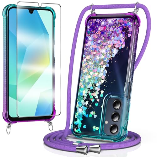 WQRTYJK Handykette für Samsung Galaxy A16 4G/5G Hülle mit Band mit Schutzfolie,Bling Silikon Durchsichtig Transparent Flüssig Glitzer mit Kette Kordel Treibsand Necklace Schutzhülle Case, Lila