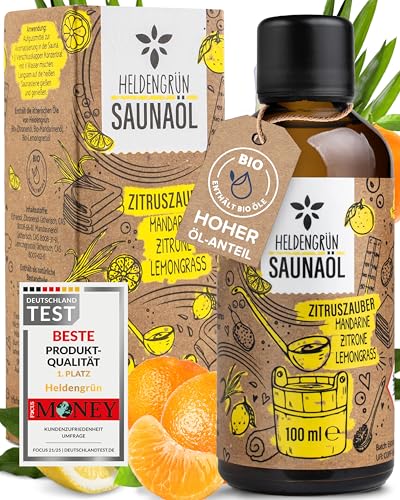 Heldengrün BIO Saunaaufguss Zitruszauber [ECHTE BIO-ÖLE, 3 DÜFTE] - Saunaöl mit Mandarine, Zitrone & Lemongrass - Sauna Aufgussmittel mit ätherischem Bio-Öl