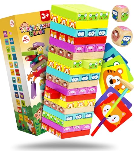 Pourbibi Spielzeug ab 3 4 5 Jahre Junge Mädchen | Wackelturm Holzspielzeug | Gesellschaftsspiel für Kinder und Familien | Stapelturm Domino Brettspiel Lernspielzeug Geschenk für Kinder