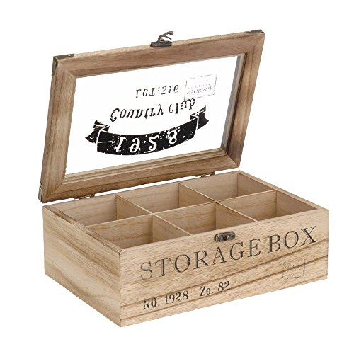 ToCi Teebox Holz Natur mit 6 Fächern | Rechteckige Teekiste Teedose Teebeutel Box Aufbewahrung | 24 x 16 x 8,5 cm (LxBxH) | „Storage Box“ im Retro Look