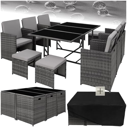 tectake® Outdoor Balkon Gartenmöbel Set, Lounge mit 6 Stühlen, 4 Hocker und 1 Tisch, Poly Rattan Geflecht, wetterfest, platzsparend - grau