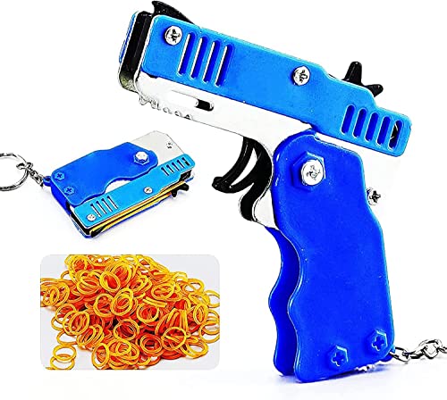 Mini-Gummibandpistole aus Metall,klappbar,6-Schuss mit Schlüsselanhänger und 60+ Gummibändern,Gummibandpistole Mini Metal Folding Schlüsselbund für Schießspiel Outdoor-Aktivitäten für Kinder (blau)