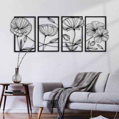 ESTART Dekor 4 Stück Metall Lotusblume Wanddekoration, Abstrakte Blumen Ästhetische Kunst, Minimalistische Hängende Wandskulptur für Wohnzimmer Schlafzimmer Büro Yogazimmer (Schwarz)