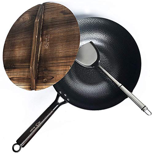 32cm/6L Bratpfanne Wokpfanne Pfannenset Pfanne Chinesische Pfanne aus Karbonstahl für Elektroherden Induktionsherd Gasherd antihaftbeschichtet (Deckel , Spatel und Benutzerführung sind enthalten)