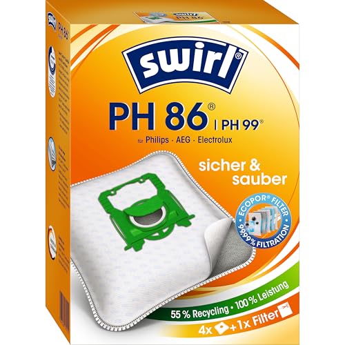 Swirl PH 86 / PH 96 EcoPor Staubsaugerbeutel für AEG, Dirt Devil, Electrolux, Philips, 4 Beutel