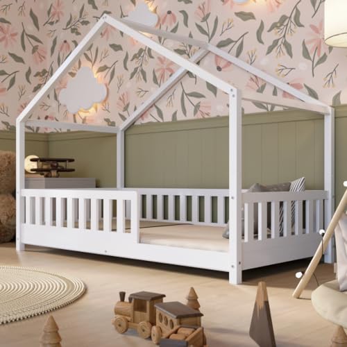 Crazy Pine Hausbett 200x140 cm – Kinderbett aus Naturholz in Weiß mit Rausfallschutz – Montessori Bodenbett mit Höhenverstellbaren Beinen und Abnehmbarer Barriere - Crazy House