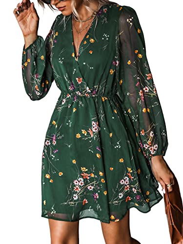 CUPSHE Damen Kleid Wickeloptik V Ausschnitt Langarm Chiffon Blumenmuster Freizeitkleider Wickelkleid Party Mini Dress Grün M