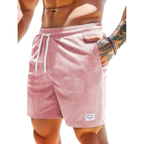 Jamron Herren Cord Shorts Sommer Elastische Taille Baumwolle Freizeitshorts Sportshorts mit Taschen Rosa L