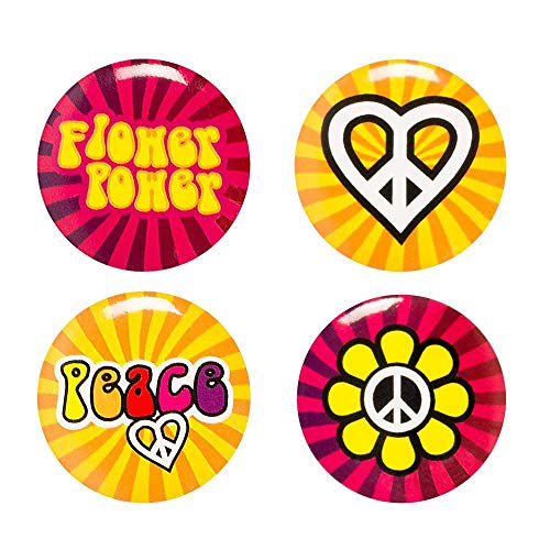 Boland 44508 - Buttons Hippie mit Anstecknadel, 4 Stück, Durchmesser 3 cm, Anstecker, Peace, Flower Power, Mitgebsel, Accessoire, Mottoparty, Karneval