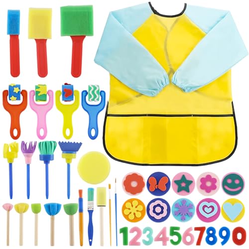 TOKSEO 45 Stück Schwamm Malerei Pinsel Stempel Pinsel Set für Kinder,Kinder Früherziehung Zeichnung DIY Kunsthandwerk mit wasserdichte Schürze
