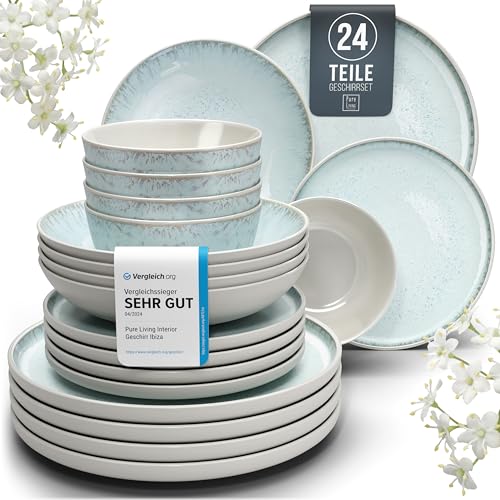 Steingut Geschirrset 6 Pers. Ibiza 24-tlg Hochwertiges Mediterranes TEST SEHR GUT Steingut Geschirr Set - Schüssel- und Teller Set - Kombiservice 6 Personen Geschirrsets Pure Living in Blau-Beige