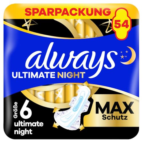 Always Damenbinden Ultimate Night (Größe 6) Mit Flügeln 54 Stück, Super Saugfähig, Für Die Periode