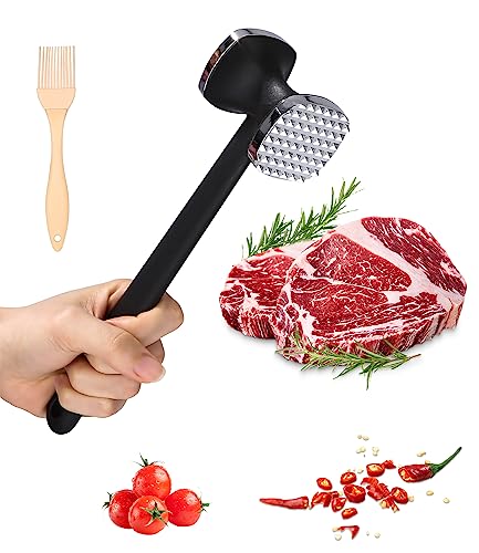Jissta Fleischklopfer, Doppelseitig Antihaft Schnitzelklopfer, Fleischhammer, Steakhammer, Zartmacherhammer mit rutschfestem Griff für Steak, Huhn, Schwein, Rippchen, Silber
