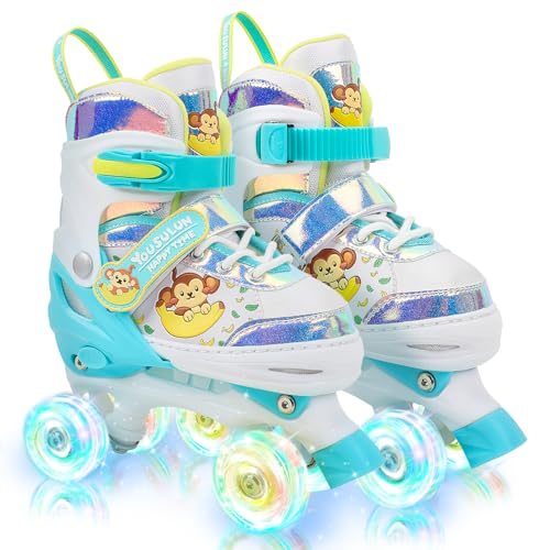 Rollschuhe Kinder 4 Größen Verstellbar Rollerskates mit Leuchtenden Rädern Schuhe mit 4 Rollen für Mädchen, Jungen und Anfänger