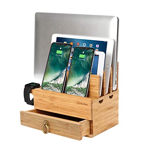 iCozzier 4 Slots Abnehmbarer Bambus-Uhrenständer Mit Schublade Ladestation für mehrere Geräte Dock für iWatch, Smartphones, Tablets, Laptops