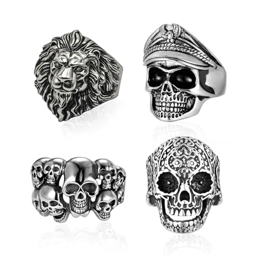 4 Stück Totenkopf Ring, Tier Löwenkopf Ring, Edelstahl Siegelring Herren Ringe, Biker Herren Schädelkopfring, Skelett-Bandring Punk Felsen-Piratenschädelring für Jungen Siegelring