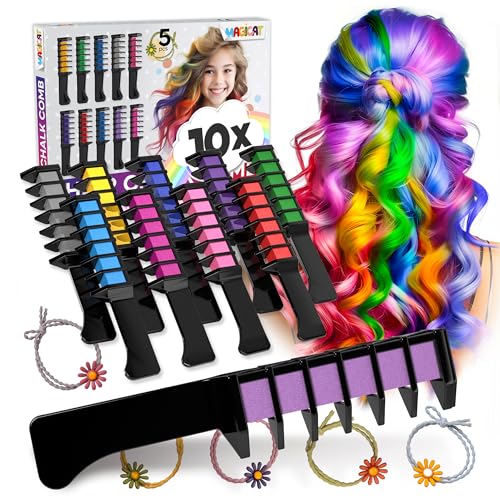 Magicat Haarkreide für Mädchen Set I 10 auswaschbare Farben & 5 Haargummis I Geschenk Mädchen 4 Jahre bis 10 Jahre I Kreatives Mitgebsel Kindergeburtstag 2025 I Sicher und Farbenfroh