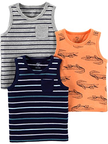 Simple Joys by Carter's Jungen Multi-Pack Muscle Tank Tops Fashion-t-Shirts, Grau Streifen/Hellorange Alligator/Marineblau Doppelstreifen, 3 Jahre (3er