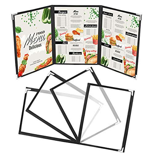 Kurtzy Dreifach Faltbare A4 Menükartenhalter (5 Stk) – Speisekartenmappe Speisekarten Hülle 3x Faltbar Doppelsicht – Faltmappe Schwarz mit Eckenschutz für Restaurant, Bar, Cafe, Speisekarte
