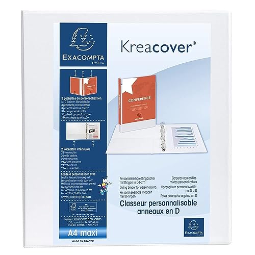 Exacompta 51843E Präsentationsringbuch KreaCover aus blickdichtem Kunststoff für DIN A4, 4-D Ring Mechanik 40 mm, Rücken 64 mm, weiß ideal für Schule und Büro Ringhefter Ringordner Ringbuchordner