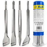 S&R Bohrhammer Meißel-Set SDS-plus, 4-teilig, robust und hitzegehärtet – 1x Flachmeißel, 2x Fliesemeißel, 1x Spitzmeißel für Beton, Mauerwerk, Ziegel und Asphalt – Werkzeug-Stahl