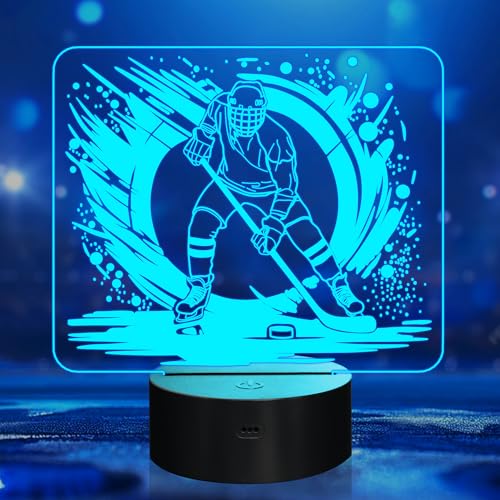 YuanDian Eishockeyspieler Nachtlicht, Eishockey 3D LED Lampe, 16 Farben Dimmbar und zeitgesteuert mit Fernbedienung für Zimmer Dekoration, Eishockey Geschenke für Kind Erwachsener
