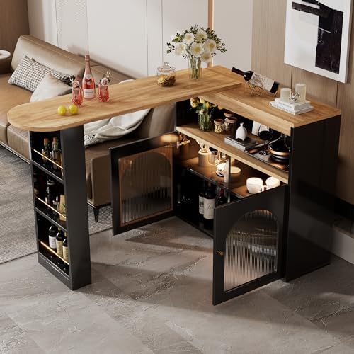 Dolamaní Ausziehbarer Bartisch(138-193 cm) mit Regla, Ausziehbarer Esstisch mit Stauraum, Stehtisch Bistrotisch für Esszimmer, Mit L/ED(Einstellbare Farbe) (Schwarz)