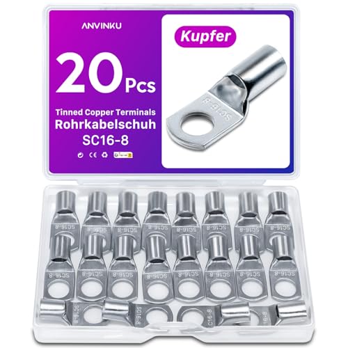 20 Stück Rohrkabelschuh 16mm2 M8 Kabelschuhe Set, ANVINKU Rohrkabelschuhe Set für Kfz Batteriekabel Set, Kabelschuh Sortiment, SC Rohrkabelschuh Set, 16mm² Kabelschuhe für Auto Motorräder Boote