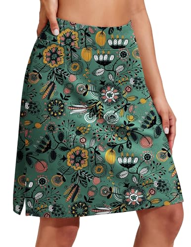COOrun Wanderrock für Damen Tennis Skirt mit Taschen Leicht Tennisrock 2 In 1 Minirock mit Shorts Sport Skirt für Fitness Grünes Schleierkraut,XXL