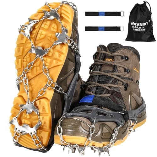 HAVNIDY Steigeisen,Eiskrallen für Schuhe und Stiefel,Schneekrallen mit 19 Edelstahl Spikes für Winterwanderungen, Angeln und Spaziergänge (M)