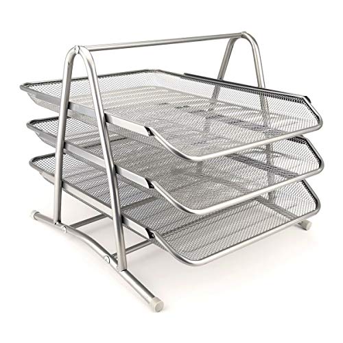 D.RECT 110486 Metall Ablagefächer Stapelbar - Büro Organizer Schreibtisch - Ablage Schreibtisch - 3 Schubfächer Briefablage Dokumentenablage A4 Organizer Mesh - Papierablage Silber Aktenablage