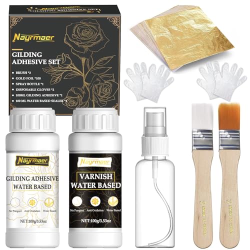 Blattgold Kleber Set, 100 ml Blattgold Kleber und 100 ml Schutzlack auf Wasserbasis, Blattgold 100 Stück, Pinsel, Sprühflasche, Malen, Professionellen Bastelgebrauch, Dekoration（Gilding Adhesive Set)