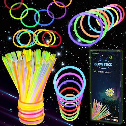 Vicloon Knicklichter Party Set,100 Stück Leuchtstäbe mit Verbinder,Neon Knicklichter Ketten Sets,glow sticks party set für Deko Hochzeiten,Birthdays,Halloween,Christmas