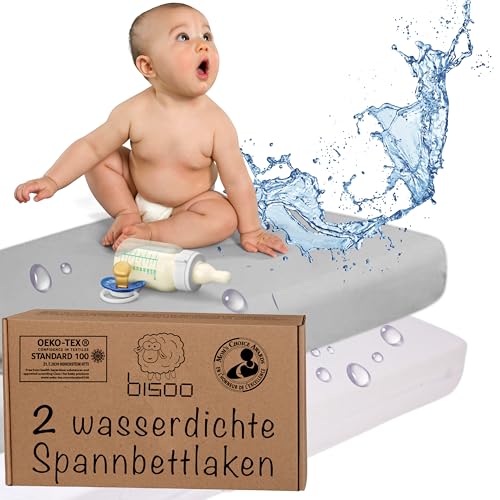 Bisoo 35x75 Wasserdichte Spannbettlaken für Kinderwagen Stubenwagen Moseskörbe - Kinderwagen Matratzenbezug - 2in1 Spannbettlaken Matratzenschoner 100% Baumwolljersey Öko-Tex - 2 Stück Set Weiß + Grau